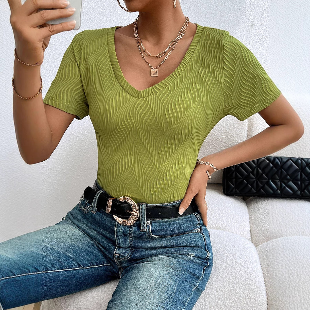 Chemisier Femme à Col V à Manches Courtes avec Structure en Fines Côtes Levoire