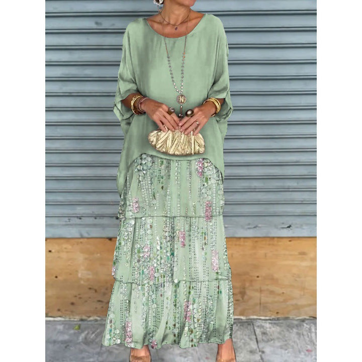 Levoire | Élégante Robe Longue à Manches Batwing et Col Ronde pour Femme Impression vert clair