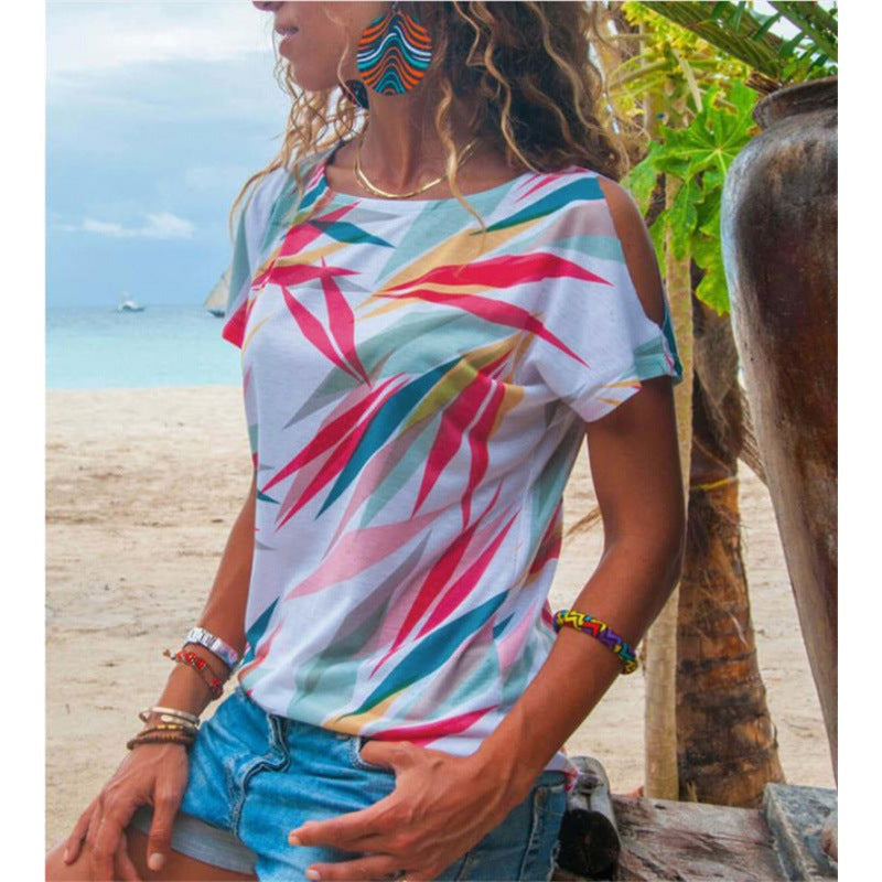 T-shirt pour femme avec coupe asymétrique et motif de feuilles colorées Levoire