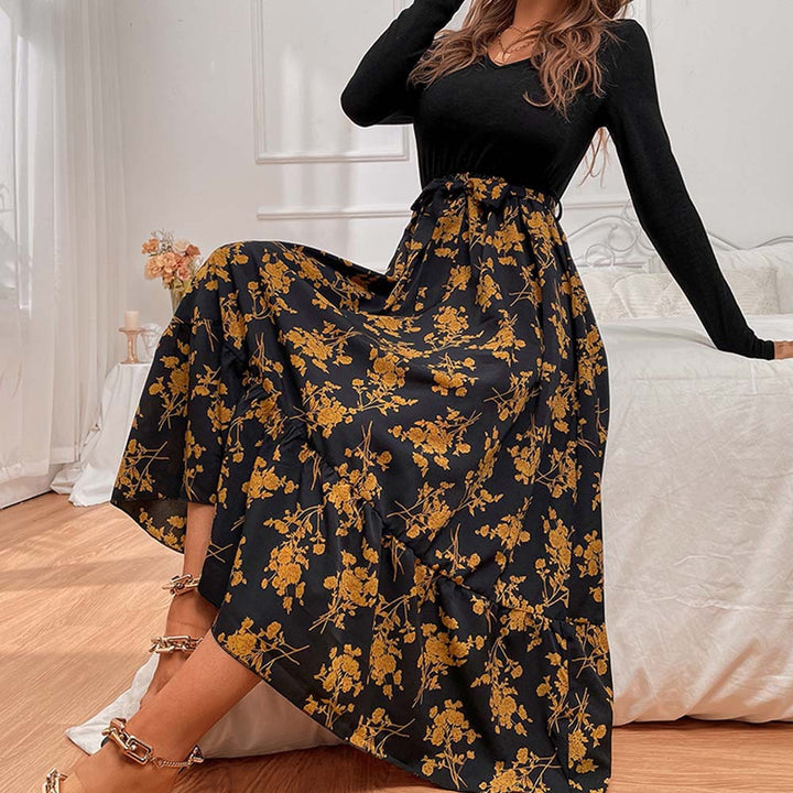 Robe maxi pour femme avec décolleté en V profond et jupe fleurie Levoire