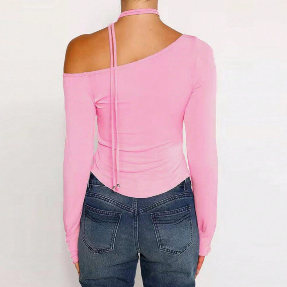 Top femme à manches longues avec coupe asymétrique et ceinture stylée Levoire