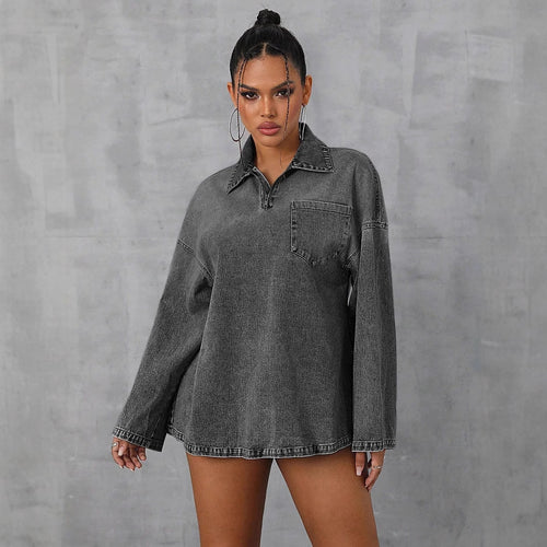 Blouse en denim surdimensionnée pour femmes avec fermeture éclair pratique et col décontracté Levoire