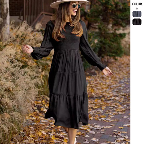 Robe longue décontractée à manches longues pour femmes avec détails froncés et volants Levoire