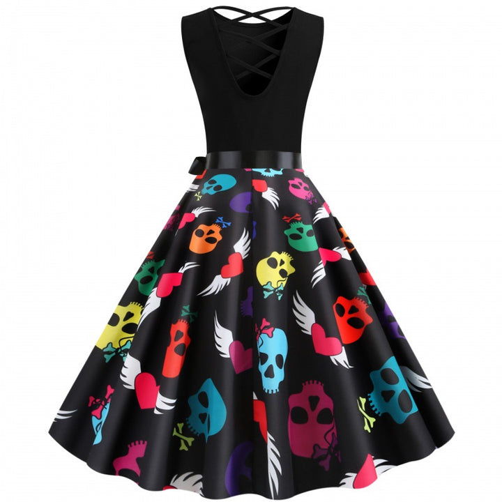 Robe swing femme avec design de crâne coloré et ceinture à lien latéral Levoire