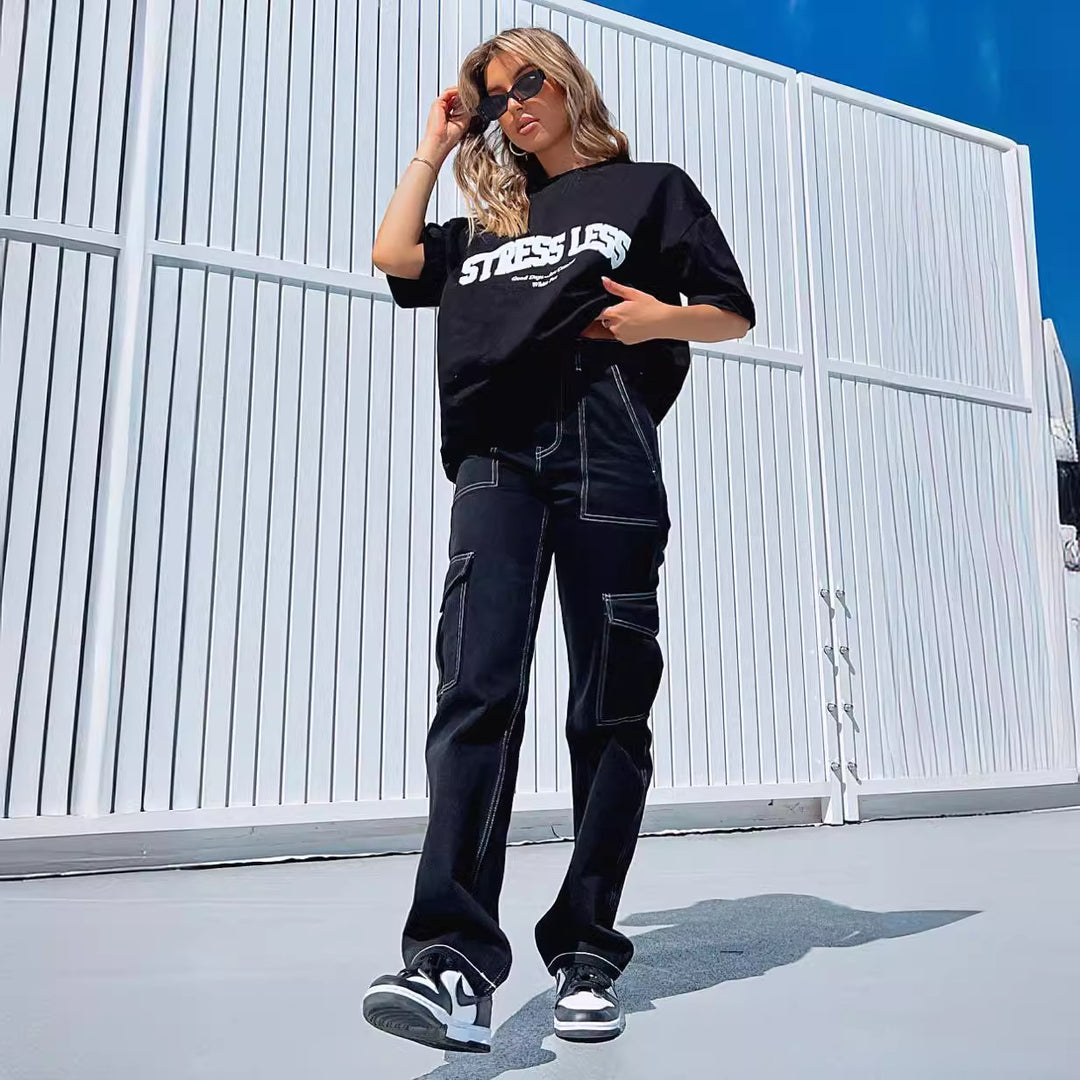 Pantalons cargo pour femmes au style urbain décontracté avec taille haute et poches latérales pratiques Levoire
