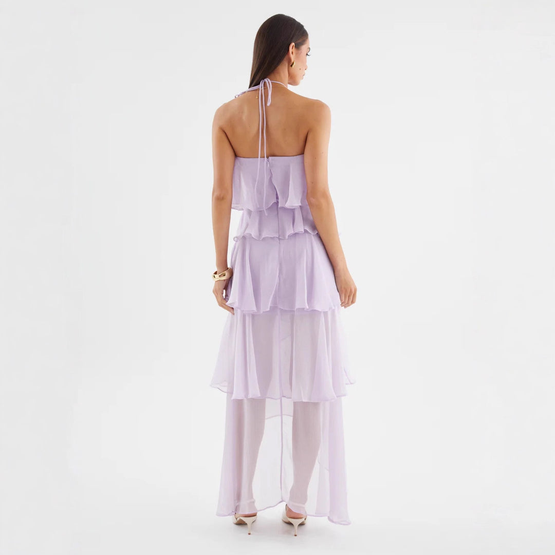 Robe maxi aérienne pour femmes avec volants fluides et col halter chic Levoire