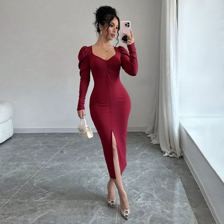 Robe midi femme avec manches bouffantes et fente sophistiquée Levoire