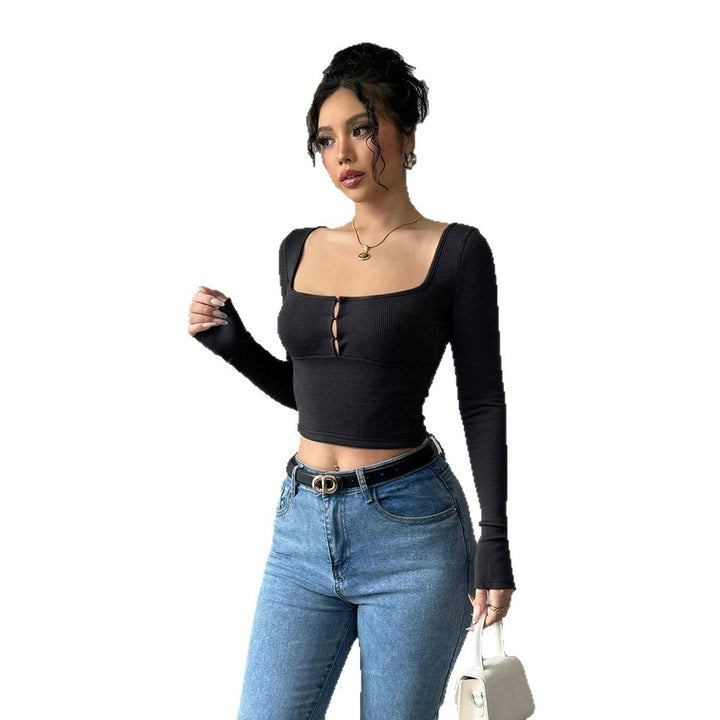 T-shirt court à manches longues pour femmes avec avant orné de boutons élégants Levoire