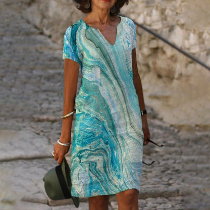 Levoire | Robe à col en V imprimée élégante à manches courtes 23#Virtaava Hiekkasininen