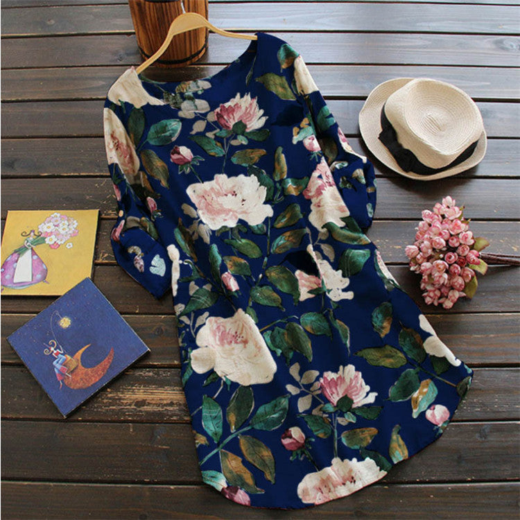 Levoire | Robe imprimée à col rond Imprimé Robe à manches longues Merensininen 【Manche longue】