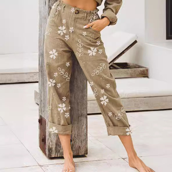 Pantalons cargo pour femmes avec motif floral et taille élastique Levoire