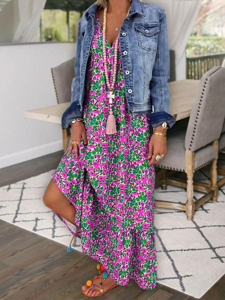 Levoire | Robe Longue Avec Décolleté En V Et Imprimé Bohème Lilas