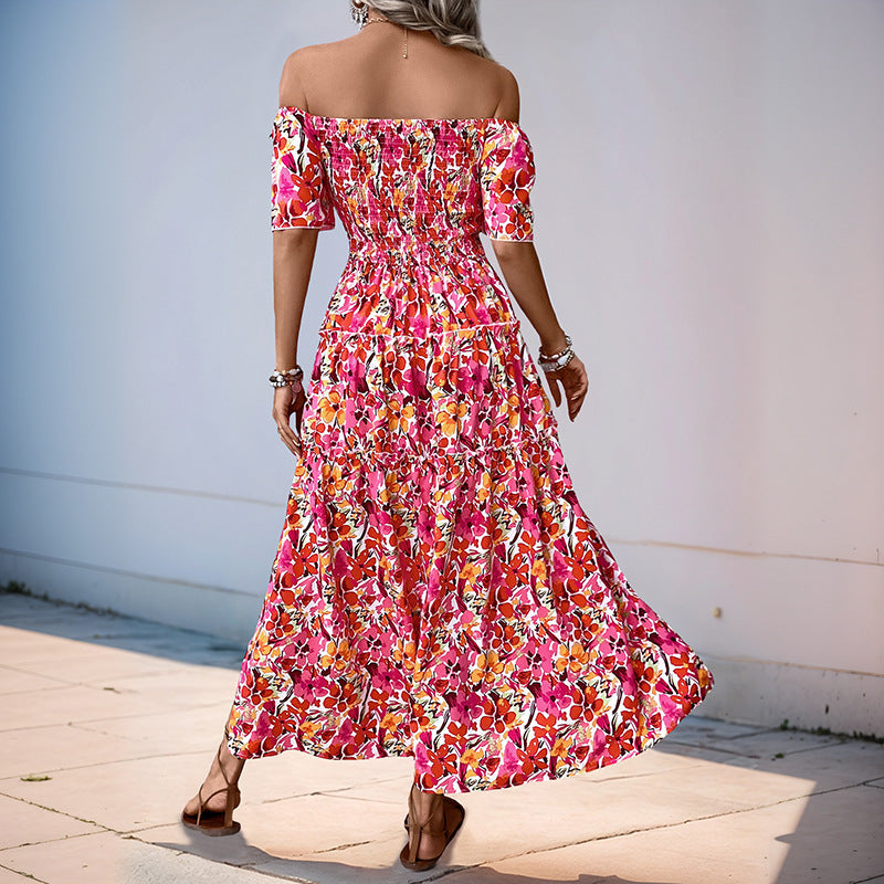 Robe maxi décolletée pour femmes avec motif floral et détails en volants Levoire