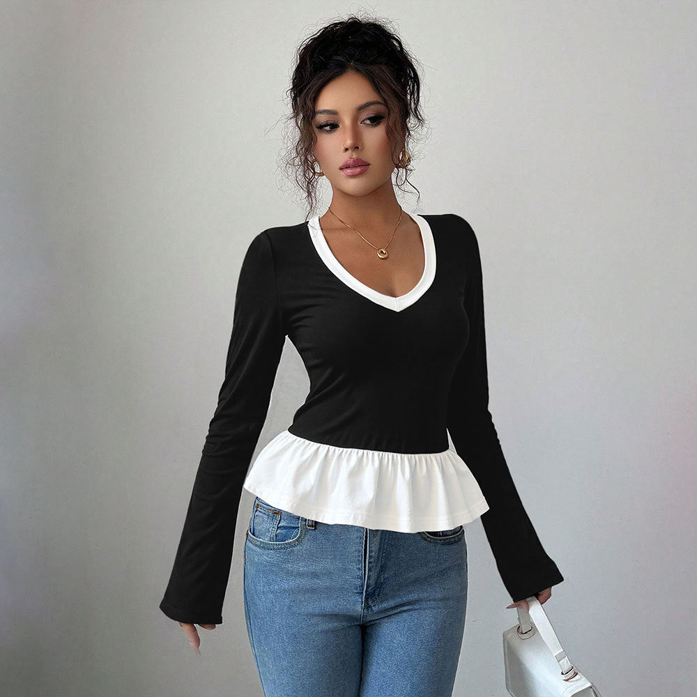 Chemise à manches longues pour femmes avec ourlet volanté et décolleté en V profond Levoire