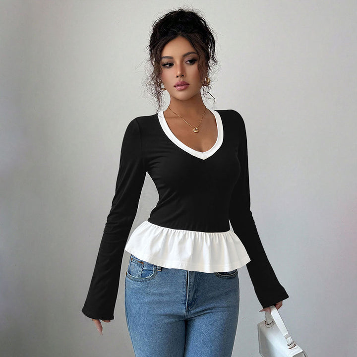 Chemise à manches longues pour femmes avec ourlet volanté et décolleté en V profond Levoire