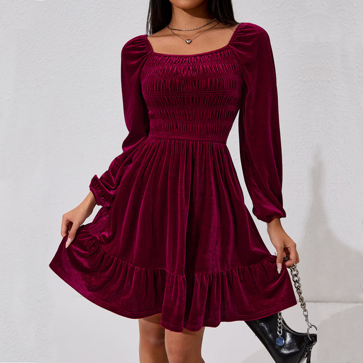 Robe Mini en Velours pour Femmes avec Détails Volants et Taille Élastique Levoire