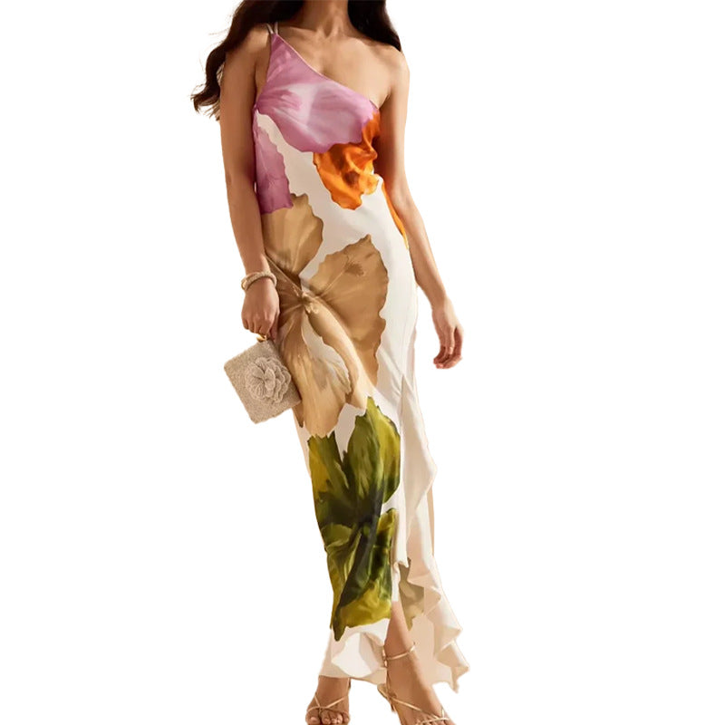Robe maxi pour dames avec motif floral et décolleté asymétrique Levoire