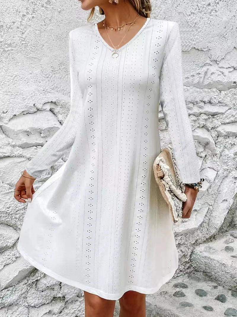 Levoire | Robe en jacquard à encolure en V décolletée pour femmes avec manches longues Blanc