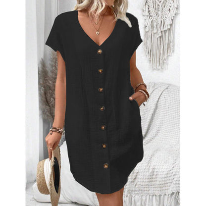 Levoire | Robe d'été à boutons en coton lin à décolleté V Noir