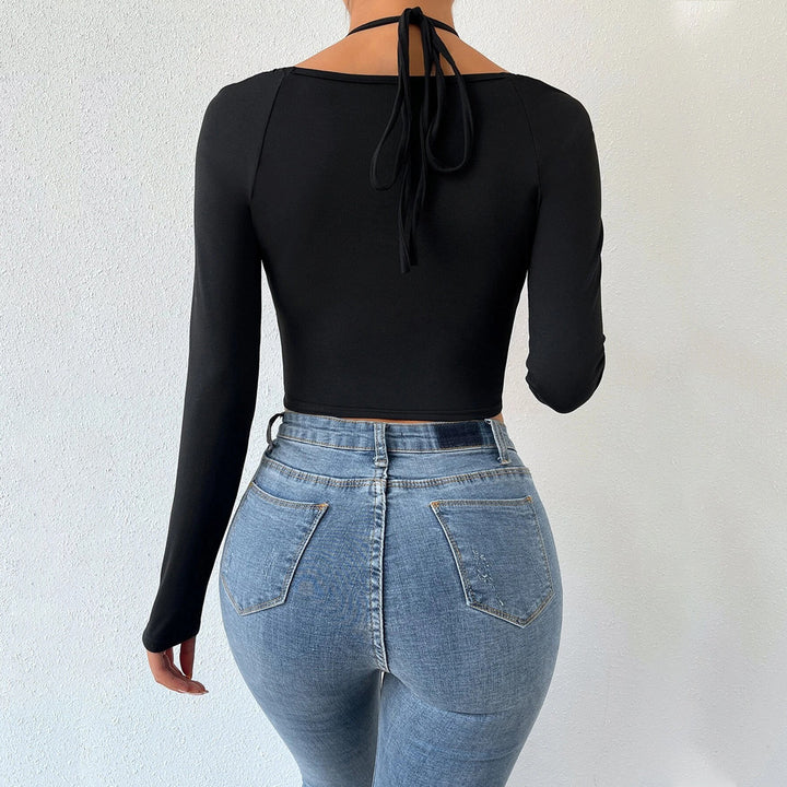 Top court à manches longues pour femmes avec design croisé à la mode et fronces Levoire