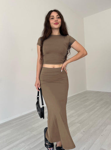 Levoire | Crop Top À Col Rond Khaki Et Ensemble Jupe