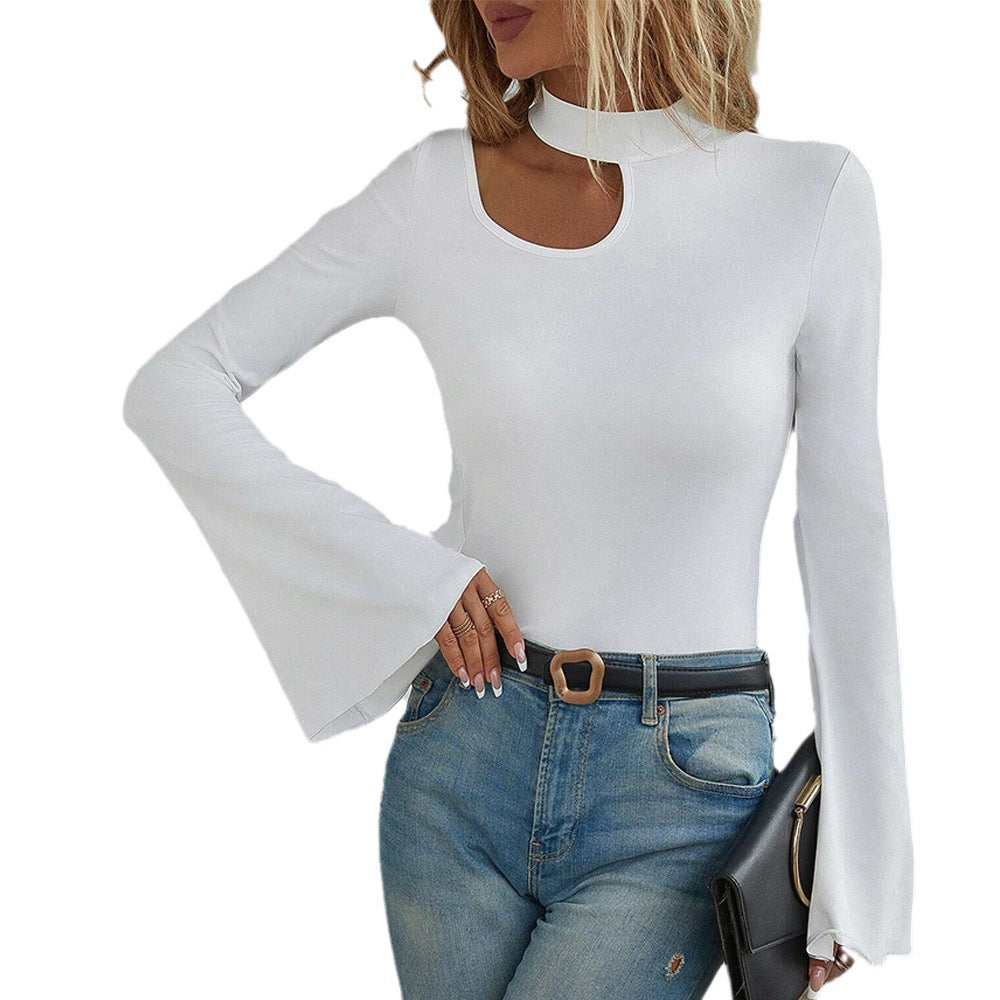 Chemise pour femmes à manches longues avec col montant à la mode et élégantes manches évasées Levoire
