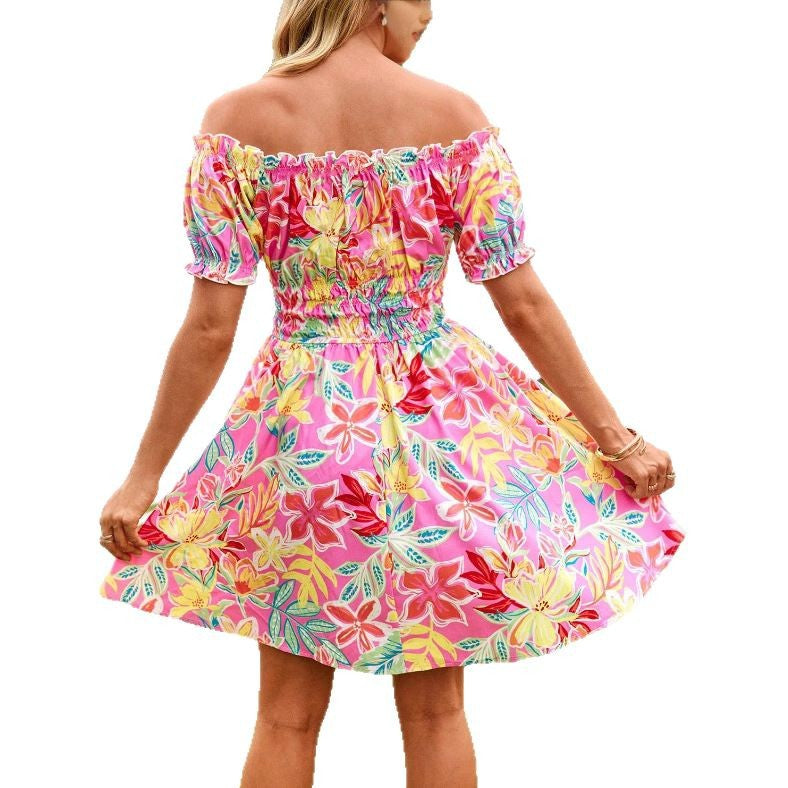 Robe d'été femme à épaules dénudées avec motif floral et éléments volants Levoire
