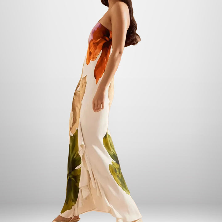 Robe maxi pour dames avec motif floral et décolleté asymétrique Levoire