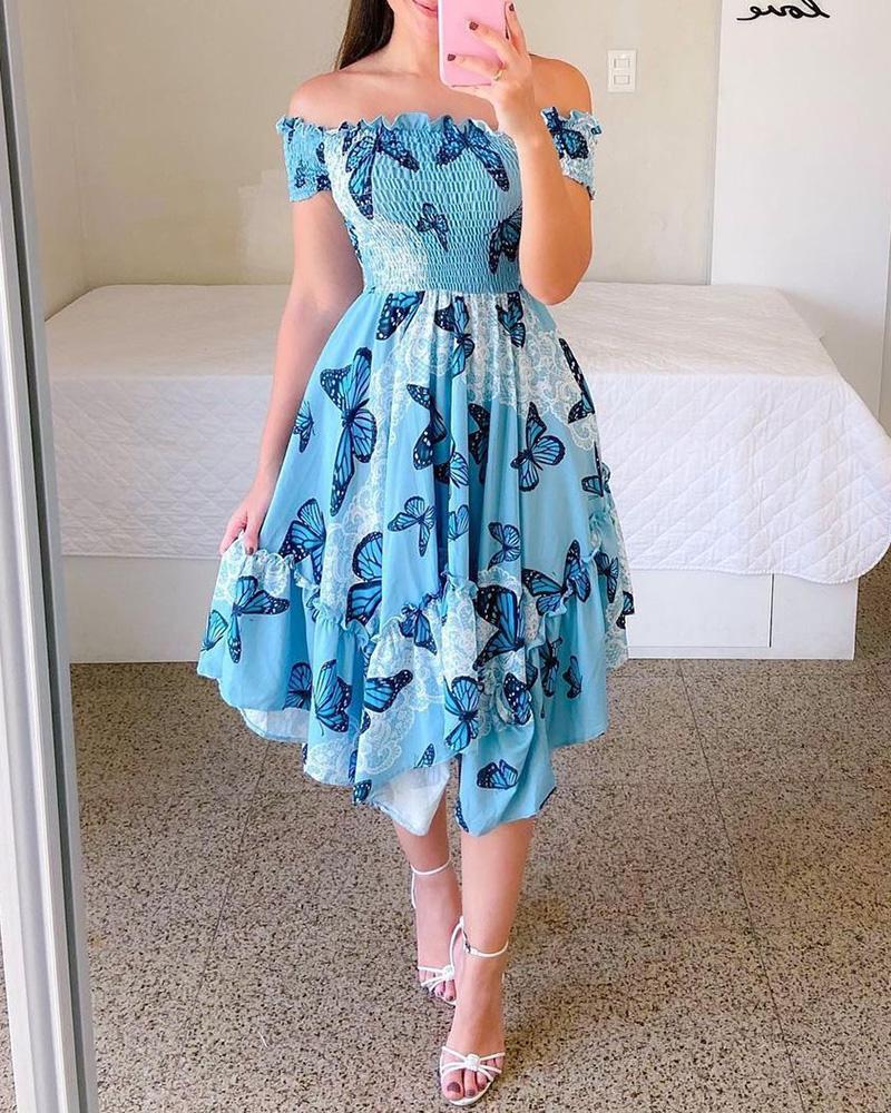 Levoire | Robe mi-longue sans manches élégante avec imprimé Papillon bleu