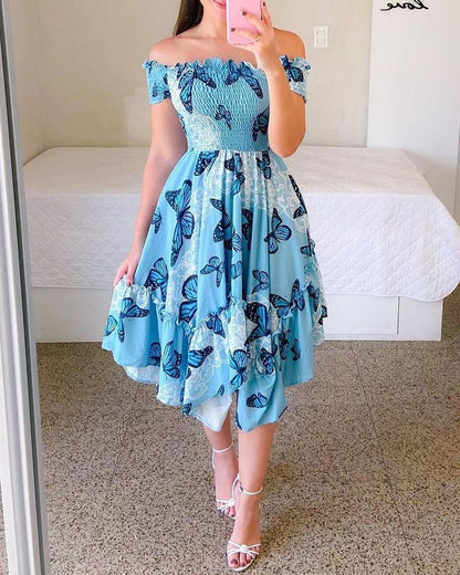 Levoire | Robe mi-longue sans manches élégante avec imprimé Papillon bleu