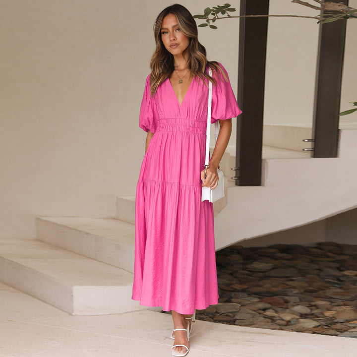 Robe maxi pour femmes avec décolleté en V profond et manches bouffantes volumineuses Levoire