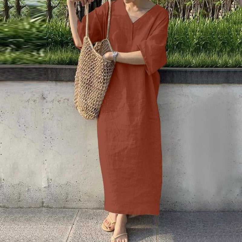 Levoire | Robe en lin en coton à encolure en V Orange-rouge