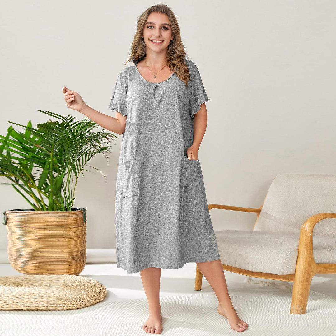 Levoire | Robe de nuit Plus Size Coton Robe de poche Robe légère à fleurs grises