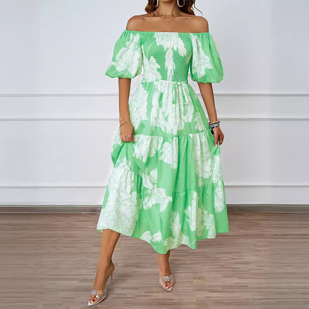 Robe Maxi Femme à Epaule Dégagée avec Manches Volumineuses et Imprimé Levoire