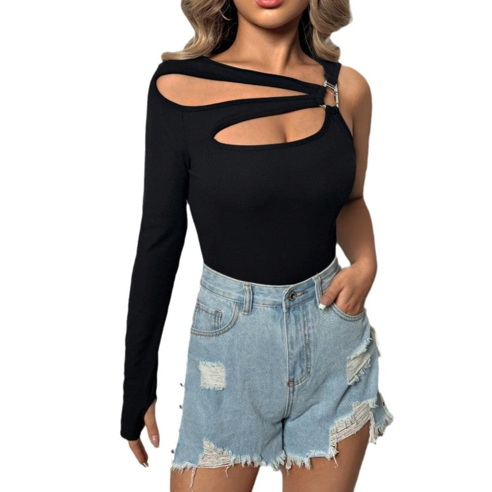 Body asymétrique à manches longues pour femmes avec design unique en découpe et fermeture en chaîne à la mode Levoire
