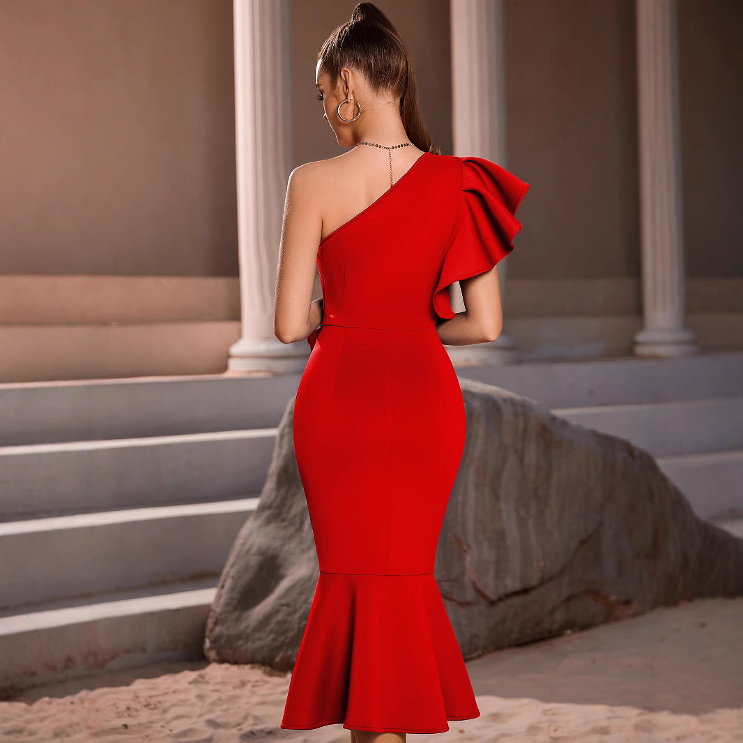 Robe Midi Femme avec Volants et Design Asymétrique Levoire