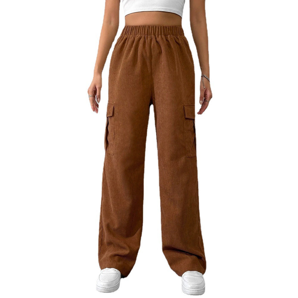 Pantalons cargo pour femmes en velours avec taille élastique et poches latérales pratiques Levoire