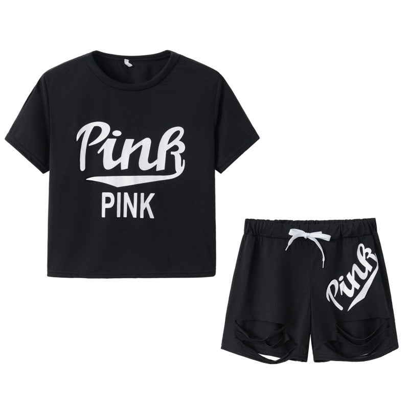 Ensemble t-shirt et short pour femmes sportif avec coupe décontractée et imprimés contrastés Levoire