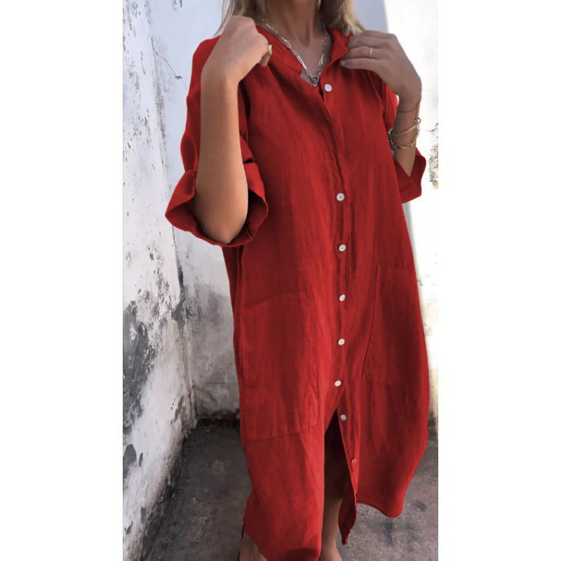 Levoire | Robe en coton-lin décontractée avec des manches trois-quarts Rot