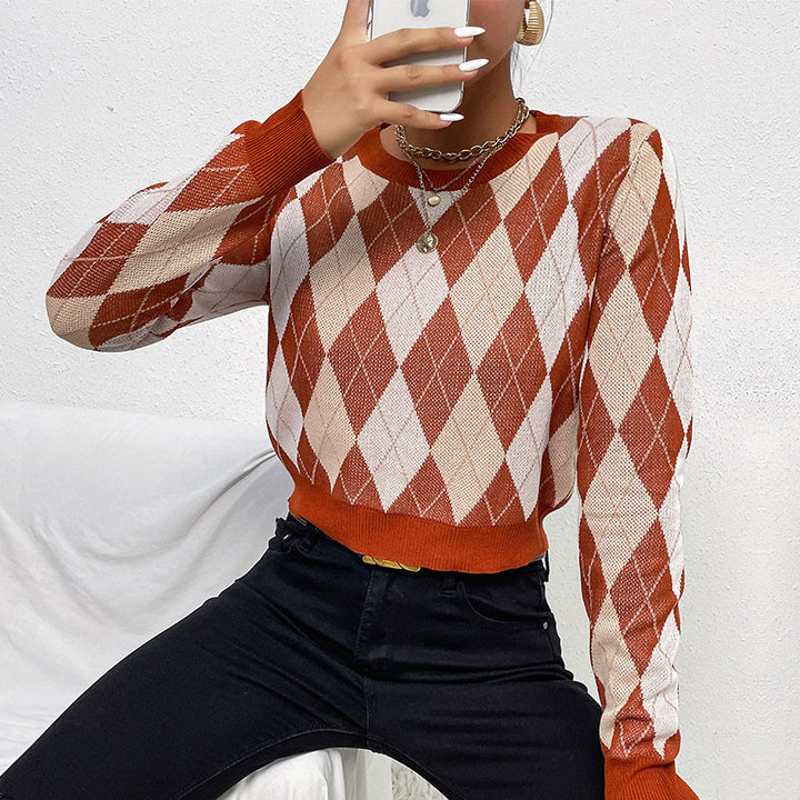 Pull en tricot à la mode pour femme avec motif en losange et coupe décontractée Levoire