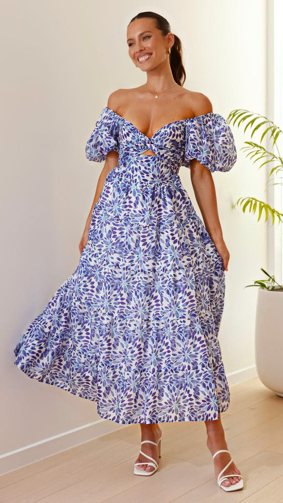 Robe maxi pour femmes avec un design sophistiqué à épaules dénudées et des manches bouffantes volumineuses Levoire