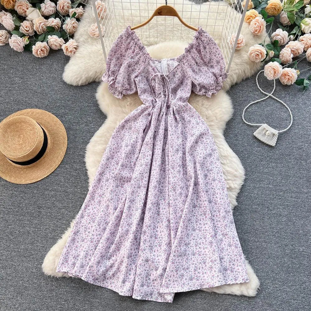 Levoire | Robe rétro à imprimé floral avec encolure en V Violet clair Taille libre