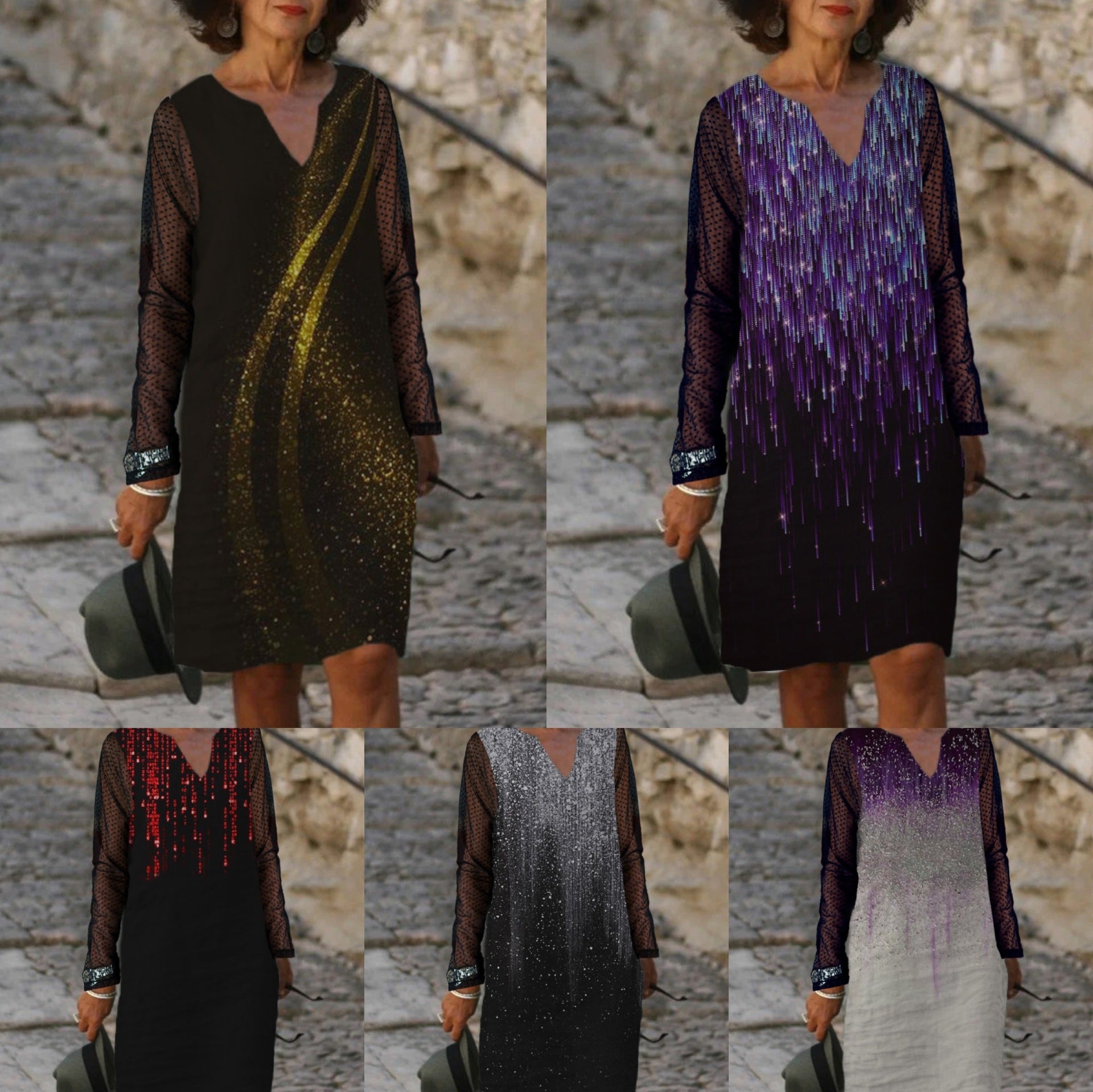 Levoire | Élégant Imprimé V-cou Manches Longues Robe en Dentelle