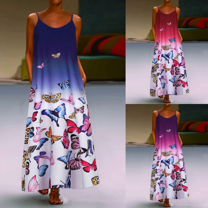 Robe maxi femme avec impression papillon élégante et larges bretelles Levoire