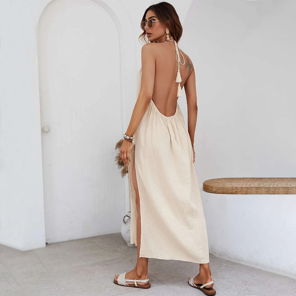 Robe maxi pour femmes avec détail de volants raffiné et encolure halter élégante Levoire