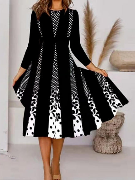 Levoire | Élégante robe imprimée à col rond à manches 3/4 Noir et blanc