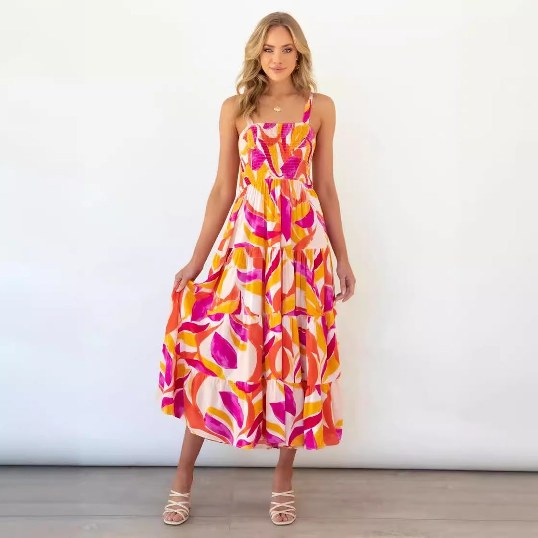 Robe maxi inspirée du boho pour femmes avec motif floral coloré et haut élastique Levoire