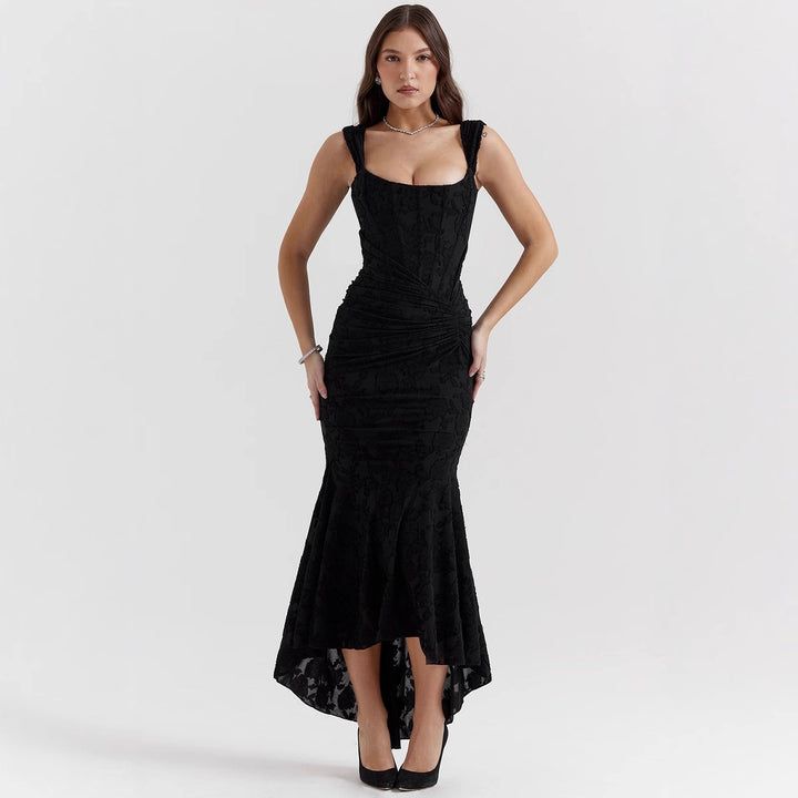 Robe Maxi Bateau Élegante pour Femmes avec Texture Florale et Ourlet Asymétrique Levoire