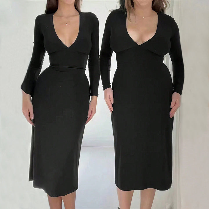 Robe midi élégante pour femmes avec décolleté en V profond et manches longues Levoire