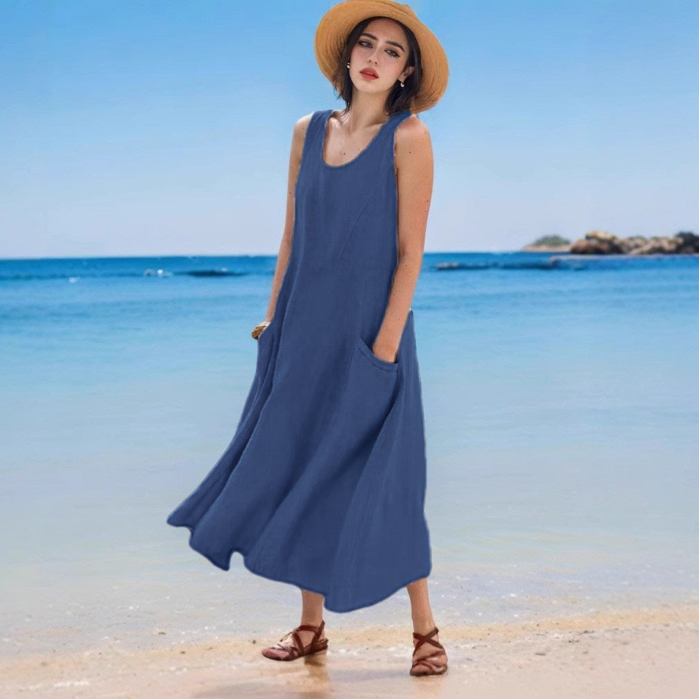 Levoire | Robe en lin Sac d'été Sans manches Col rond Robe Bleu